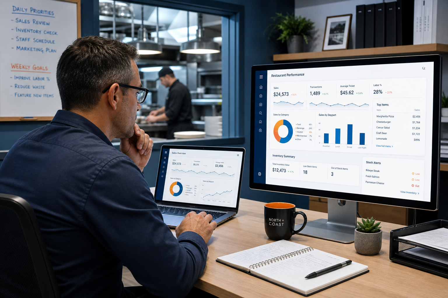 Restaurant manager reviewing a back office analytics dashboard