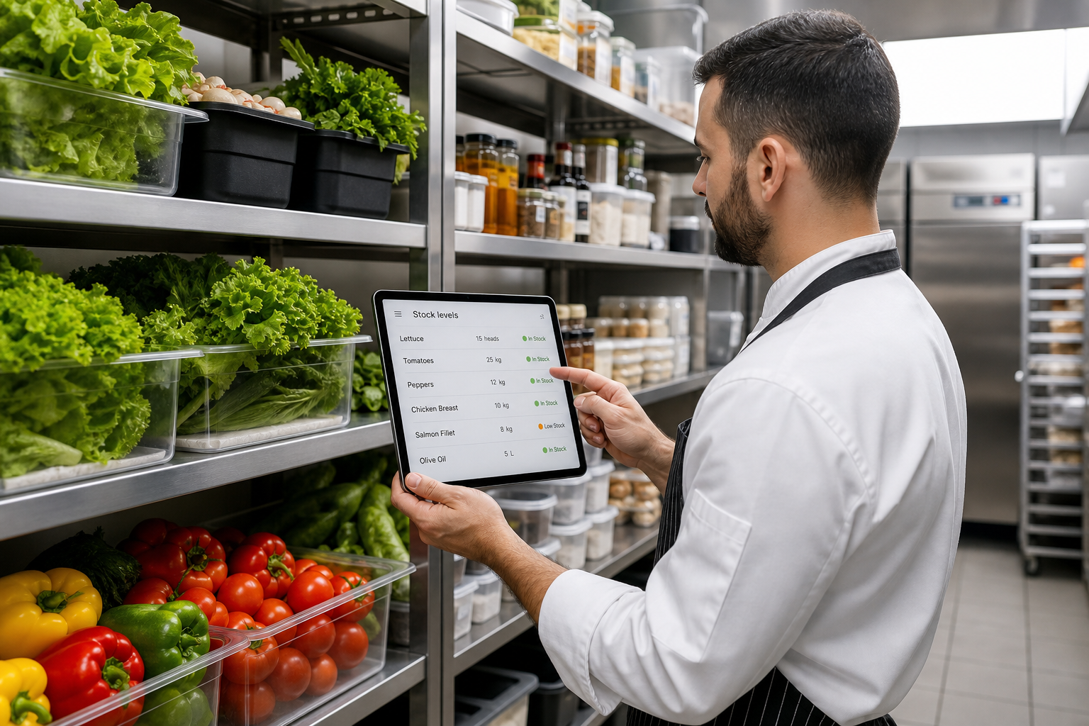 Chef checking restaurant inventory on a tablet